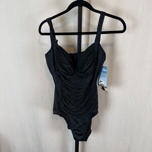 New DreamShaper by Miraclesuit Black Ruched One Piece Swimsuit Tummy Control 14